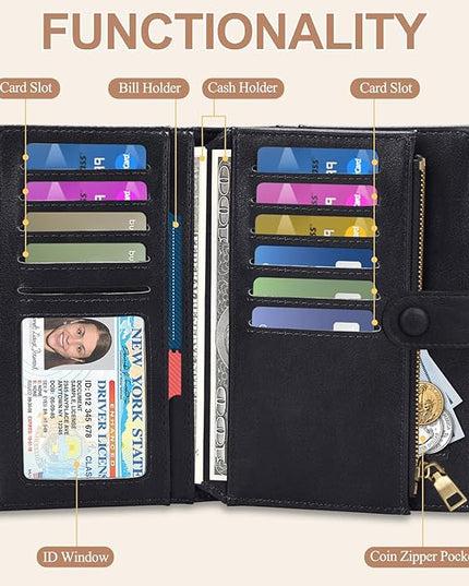 BKNOOU Passport Holder for Travel, RFID Blocking Passport Wallet Travel Wallet for Women Men, Leather Passport Cover with Zippered Coins Pocket, Trifold Clutch Wallet for Airport Essentials/Daily