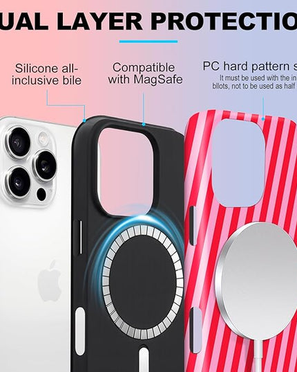 Magnetic for iPhone 13/14 Case Cute Diagonal Stripes Phone Case, Shockproof Slim TPU and Hard PC Protective Phone Cover Compatible with MagSafe Designed for Women Girls,Red