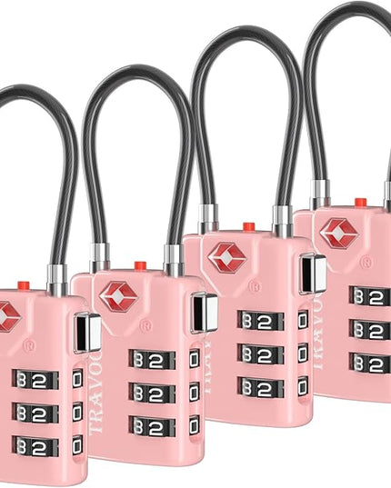 Search Alert TSA Approved Travel Combination Luggage Cable Locks for Suitcase, Gym Locker,Toolbox,Backpack 1,2,4,6 &10 pk (Pink 4 Pack)