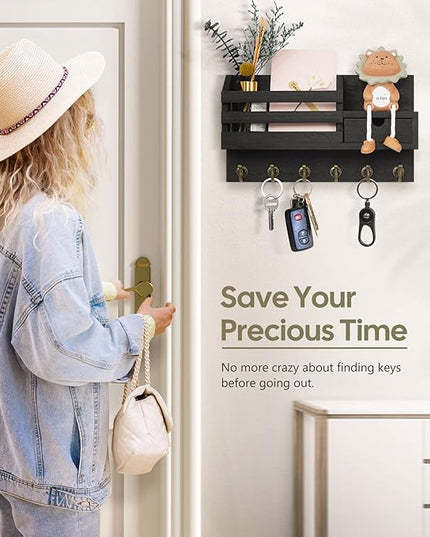 FifthQuarter Key and Mail Holder for Wall, Mail Organizer Wall Mount with 6 Hooks and Storage Drawer, Easy Installation Key Rack for Entryway and Home Decor (A-Black)
