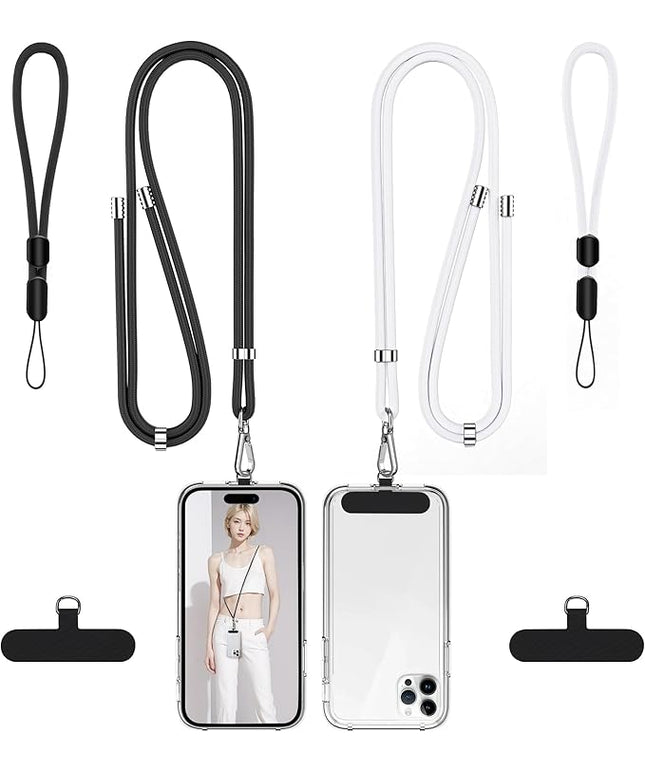 takyu Phone Lanyard, 2 Pack Adjustable CellPhone Lanyard Crossbody Neck Strap and 2 Pack Phone Wrist Strap with Tether Tabs for iPhone Android Smartphones White Black