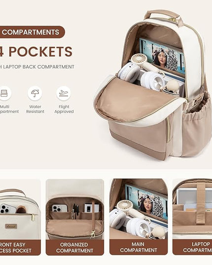 LOVEVOOK Laptop Backpack for Women with Pouch Pocket for Large Capacity Cup,18 Inch Laptop Computer Bag Travel Backpack Purse,Waterproof Work Business Backpack College Teacher Bags,Beige-Khaki