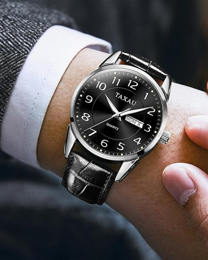 Men Dress Watch Waterproof Leather Watches for Men with Day Date Luxury Large Arabic Numerals Analog Quartz Classic Leather Watch Easy Read relojes para Hombres