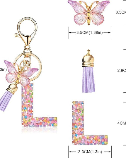 Fashion Alphabet Initial Letter Keychain Tassel Butterfly Pendant Key Ring for Purse Handbags Women Girl