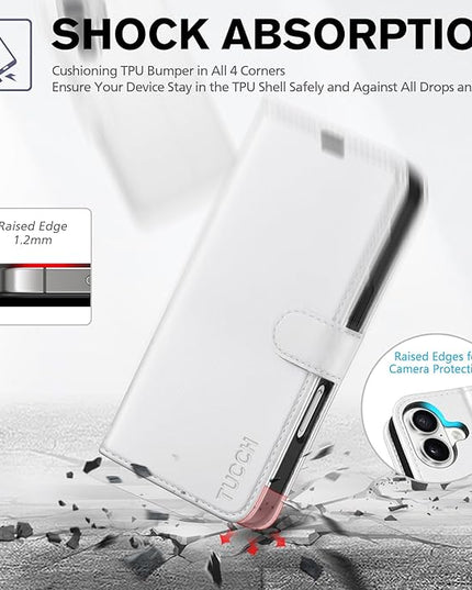 TUCCH Compatible with iPhone 16 Wallet Case, RFID Blocking 4 Card Holder Kickstand [Shockproof TPU Interior Shell], PU Leather Magnetic Closure Protective Flip Phone Cover, White