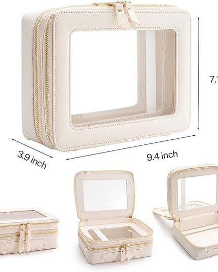 Aveniee Clear Makeup Bags, Double Layer Cosmetic Case with Separate Brush Compartment, Large Toiletry Organizer for Women, Travel Accessories Holder(2 Layers Large, White)