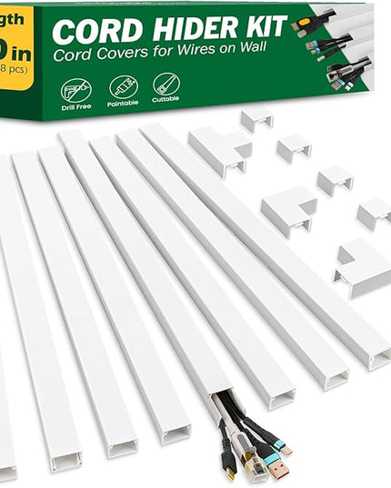 AZEN Cord Hider Kit, 110in Cord Covers for Wires on Wall, Paintable Wire Covers, Self-Adhesive Cable Hider Cord Organizer, Wire Hiders for TV on Wall, 8X L14in X W0.96in X H0.57in