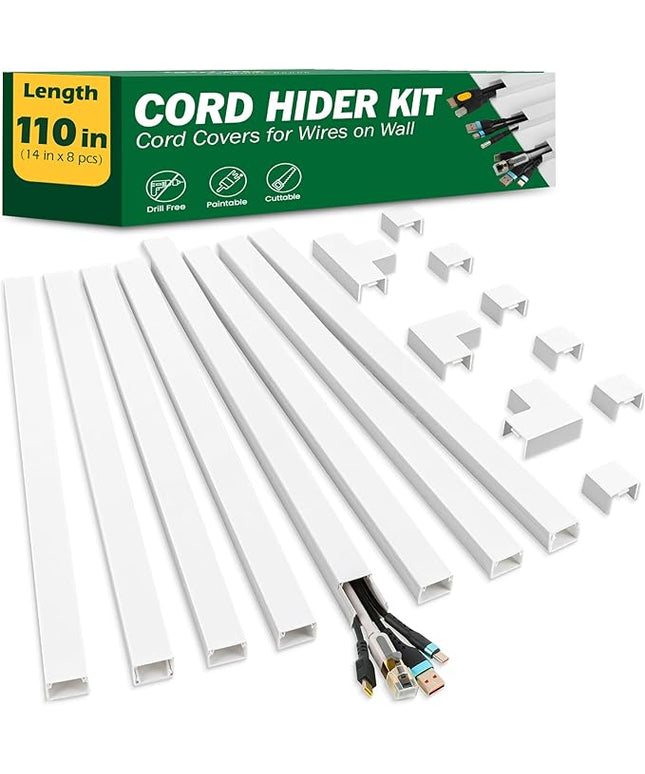 AZEN Cord Hider Kit, 110in Cord Covers for Wires on Wall, Paintable Wire Covers, Self-Adhesive Cable Hider Cord Organizer, Wire Hiders for TV on Wall, 8X L14in X W0.96in X H0.57in
