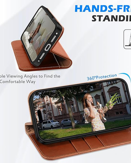 SHIELDON Genuine Leather Wallet Case for iPhone 17 Pro 6.3" 2025 | Flip Cover | Magnetic Closure | RFID Blocking Credit Card Holder | Kickstand | Shockproof Phone Cover | Retro Brown