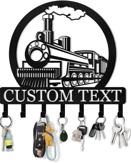 KAINSY Personalized Metal Key Holder for Wall, Custom Name Rack Wall Mount With Hooks, Train Design Hanger, Organizer Wall Decor for Entryway, Front Door, Hallway, Bedroom, Cabin