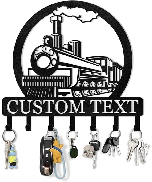KAINSY Personalized Metal Key Holder for Wall, Custom Name Rack Wall Mount With Hooks, Train Design Hanger, Organizer Wall Decor for Entryway, Front Door, Hallway, Bedroom, Cabin