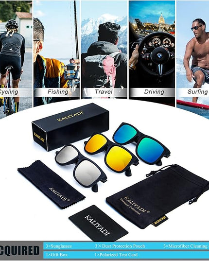 KALIYADI Sunglasses Men Polarized Sun glasses for Mens Womens Classic Matte Black Frame UV Protection 3pack