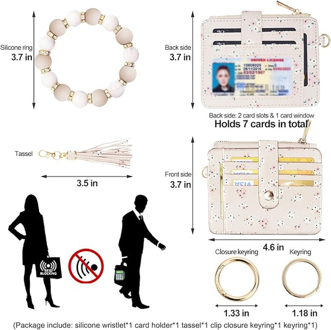 COOLANS Silicone Bracelet Wristlet Wallet Credit Card Holder RFID,ID Window,Key Ring Tassel,Slim Wallet Women Keychain Purse