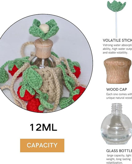 Handmade Crochet Hanging Car Air Freshener - Sweet Cherry Charm with 12ml Refillable Glass Essential Oil Bottle, Cute Car Accessories for Women & Bedroom Floral Decor