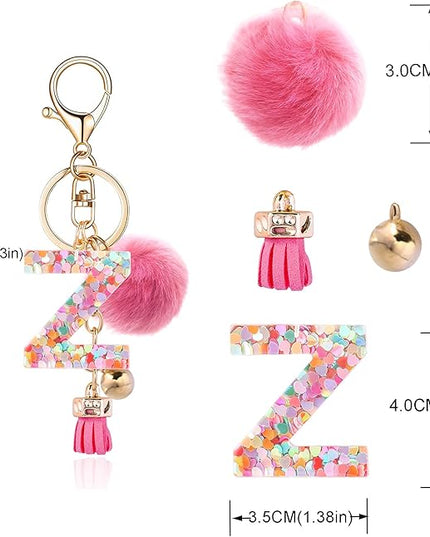 Resin Alphabet Initial Letter Keychain Keyring for Women Purse Handbags With Fur Ball Pom