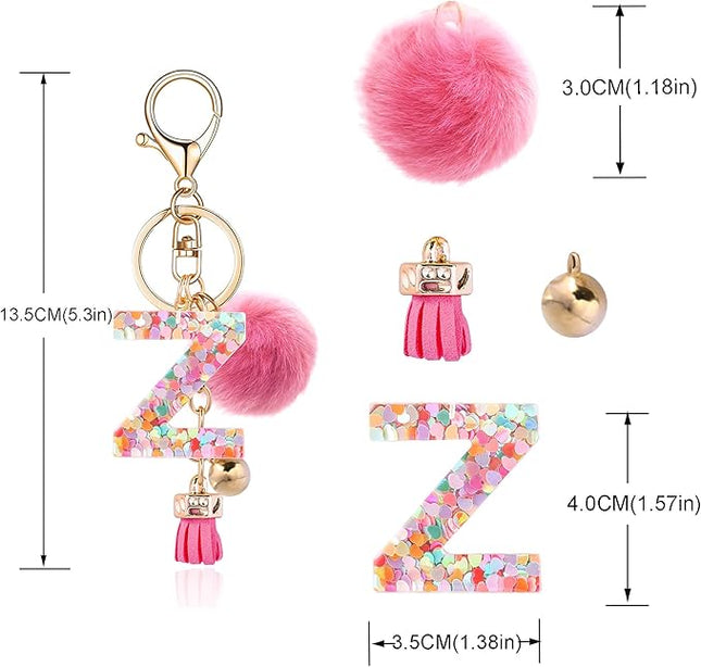 Resin Alphabet Initial Letter Keychain Keyring for Women Purse Handbags With Fur Ball Pom