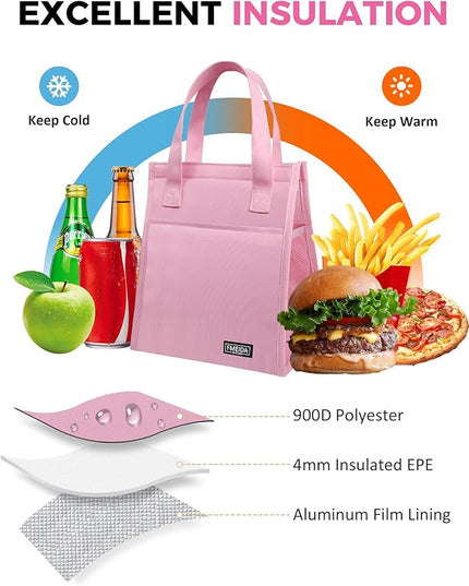 Fmeida Insulated Lunch Bag Women, 9L Large Lunch Bags with Multiple Pockets, Reusable Thermal Cooler Tote for Work, Office, Picnic, Travel | Hook and Loop Closure, Pink