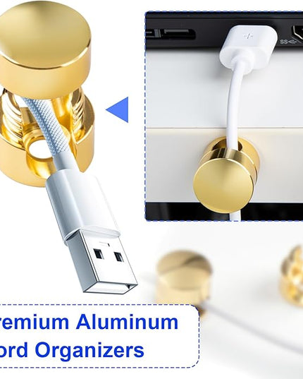 5 Sets Charger Holders for Cords, Gold Adjustable Cable Anchor Holders, Adhesive Metal Cord Clips, Cable Management Wire Organizers for Desk, Office, Nightstand