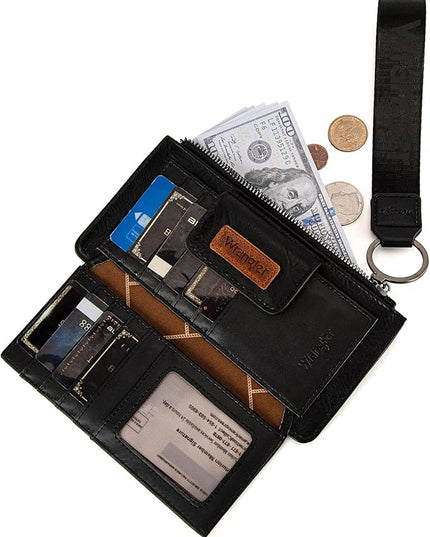 Montana West X Wrangler Black Minimalist Wallet for Women Ladies Female Card Cases & Money Organizers Wristlet with Wallet Large Clutch with Coin Purse Smooth Zipper and Rfid Lining WG179-W013BK
