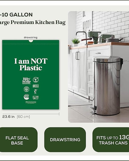 Large Compostable Drawstring Trash Bags - 8-10 Gallon, 60 Pack | Plastic-Free Kitchen & Bathroom Garbage Bags with Drawstring Handles | Thick Bin Bag Liners for Green & Food Waste