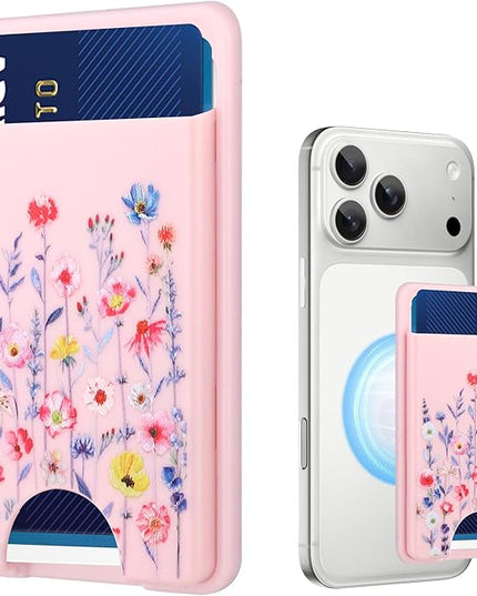 Stronger Magnetic Card Slot Wallet for iPhone 17/16/15/14/13/12 Series (Not for 13/12 Mini), Flower Pattern Hard Card Holder Fit 3 Cards Compatible with Magsafe Accessories, Pink