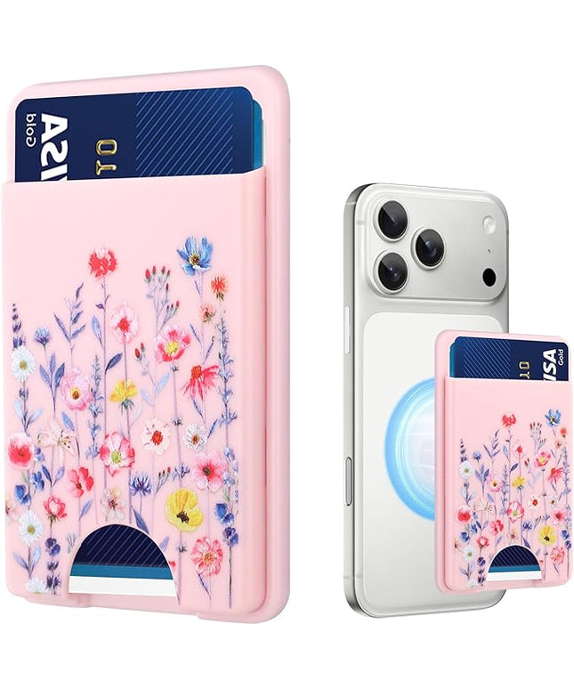 Stronger Magnetic Card Slot Wallet for iPhone 17/16/15/14/13/12 Series (Not for 13/12 Mini), Flower Pattern Hard Card Holder Fit 3 Cards Compatible with Magsafe Accessories, Pink