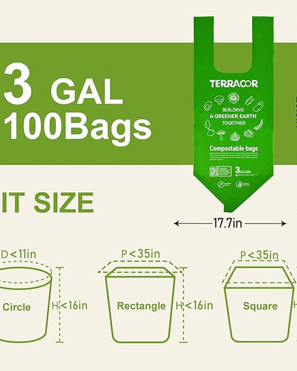 Compost Bags, Handle Tie Food Scrap Bags 3 Gallon,100 Count,Certified by BPI and ASTM D6400, Kitchen Compost Bin Compatible