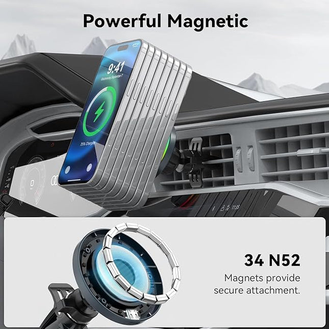 Lecork for Magsafe Car Mount Charger with Cigarette Lighter Adapter, 15W Air Vent Magnetic Wireles Car Mount Charger for iPhone 16 Pro, Car Phone Holder for iPhone 16 15 14 13 12, Zinc Alloy, Black