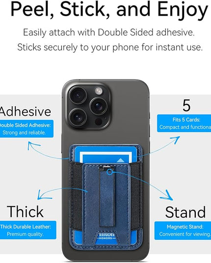 BIAJIYA Phone Wallet Sticky Back with Stand - Holds 6 Cards for iPhone & Samsung, Ultra Thin Leather & Stretch Fabric Card Holder (DeepBlue)