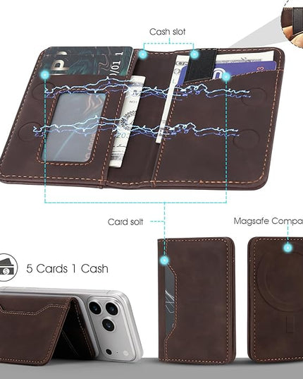 ASAPDOS For MagSafe Wallet,Magnetic Card Holder RFID Blocking Wallet with 5 Card Slots & Cash Pocket For iPhone 17/16/ 15/14/ 13/12/ Pro/Max/Plus/Air Vintage Brown