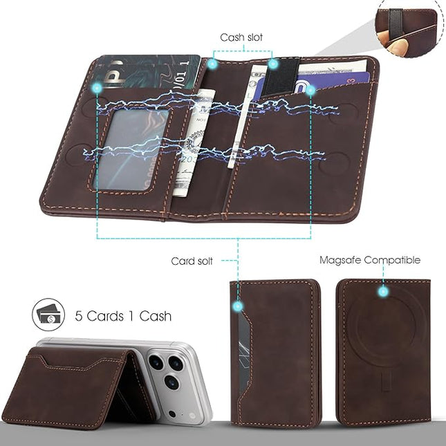 ASAPDOS For MagSafe Wallet,Magnetic Card Holder RFID Blocking Wallet with 5 Card Slots & Cash Pocket For iPhone 17/16/ 15/14/ 13/12/ Pro/Max/Plus/Air Vintage Brown