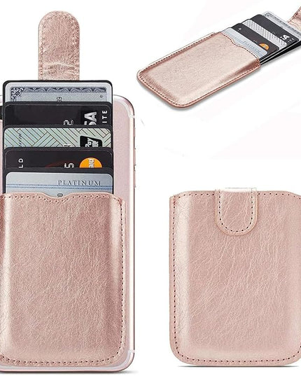 Phone Card Holder RFID Sleeve, Pu Leather Back Phone Wallet Stick-On Pull 5 Card Holder Universally Pocket Covers Credit Cash for iPhone/Android/All Smartphones (RoseGold)