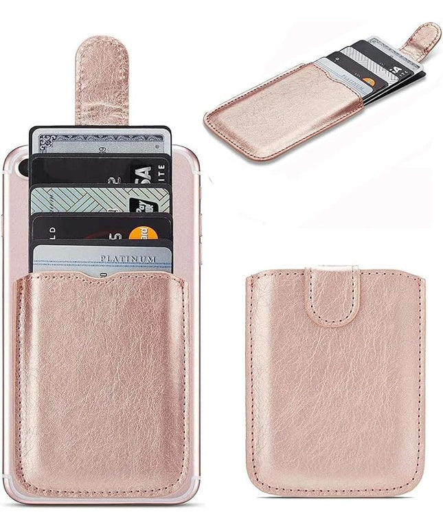 Phone Card Holder RFID Sleeve, Pu Leather Back Phone Wallet Stick-On Pull 5 Card Holder Universally Pocket Covers Credit Cash for iPhone/Android/All Smartphones (RoseGold)
