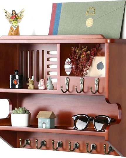 Mutsault Key Holder for Wall, Mail and Key Holder for Home Decor, Key and Mail Holder for Wall with Key Hooks, Auburn