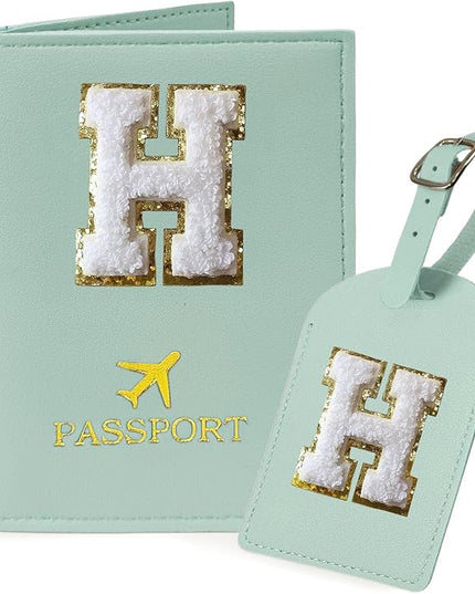 COSHAYSOO Green Initial Passport Cover Holder and Luggage Tag Set TSA Approved with Letter Name Patch for Women Teenage, Travel Passport Book Vaccine Card Combo Bag Suitcase Identifier (H)