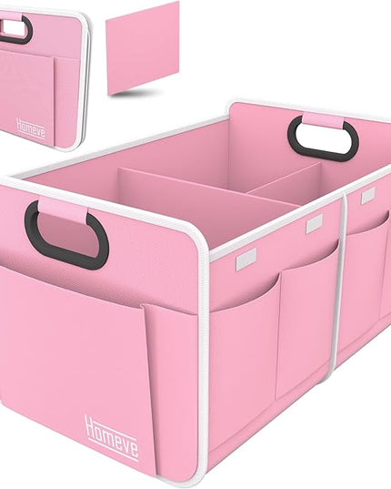 Homeve Trunk Organizer, Car Storage, Reinforced Handles, Collapsible Multi-Compartment, Foldable, Waterproof, Sturdy, 600D Oxford Polyester For Car, SUV, Mini-Van, Pink, 2 Compart