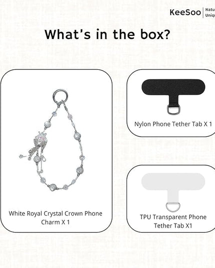White Royal Crystal Crown Original Design Phone Charm with 2 Tether Tabs – Stylish, Durable, and Hands-Free Phone Chain – Compatible with iPhone, Samsung, Pixel & More
