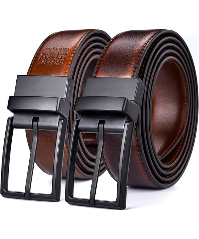 beltox fine Men's Dress Belt Leather Reversible 1.25" Wide Rotated Buckle Gift Box