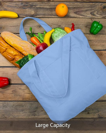 TOPDesign 3-Pack Canvas Tote Bags with an External Pocket, Reusable Grocery Shopping Bags, Top Zipper Closure, Daily Essentials (Light Blue)