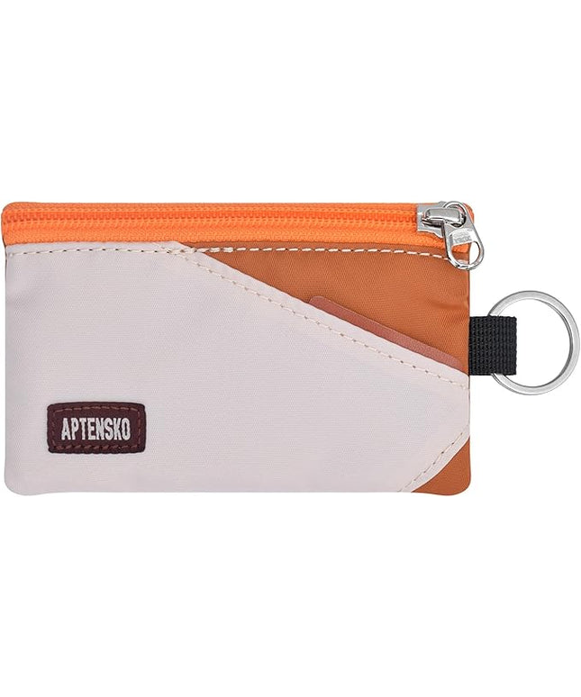 RFID Travel Wallet with Adjustable Lanyard-Zipper Small Wallet with ID Card Holder, Keychain for women&men-Minimalist Slim Waterproof Nylon case for ID, Cash, Key (Almond+Rust)