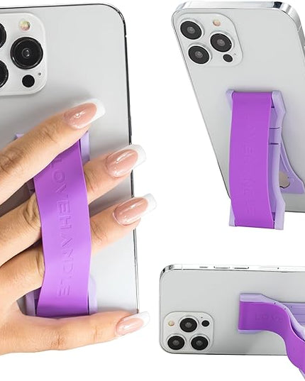 LOVEHANDLE PRO Premium Phone Grip - Silicone Phone Strap - Magnetic Phone Mount and Kickstand for Smartphone and Tablet - Electric Purple Silicone on Lavender Base