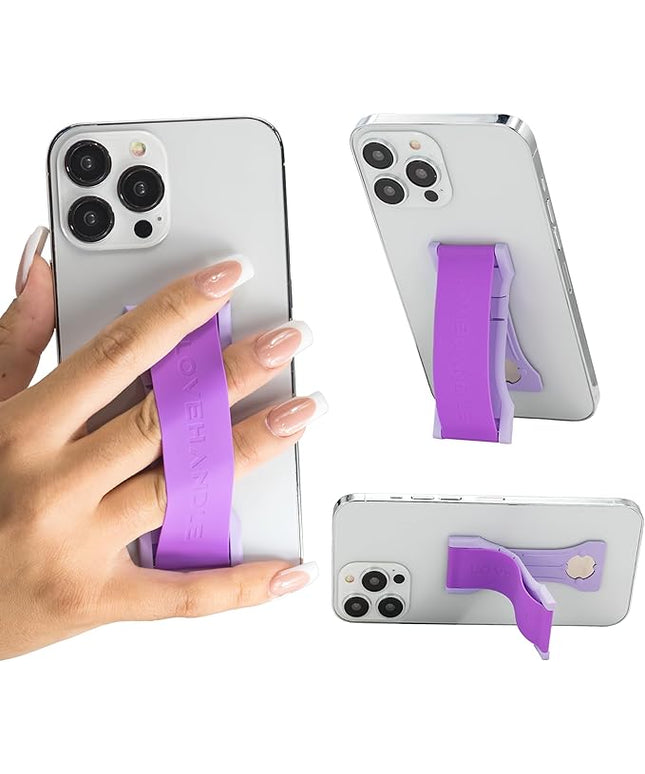LOVEHANDLE PRO Premium Phone Grip - Silicone Phone Strap - Magnetic Phone Mount and Kickstand for Smartphone and Tablet - Electric Purple Silicone on Lavender Base