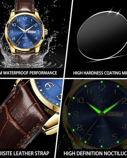 Men Dress Watch Waterproof Leather Watches for Men with Day Date Luxury Large Arabic Numerals Analog Quartz Classic Leather Watch Easy Read relojes para Hombres