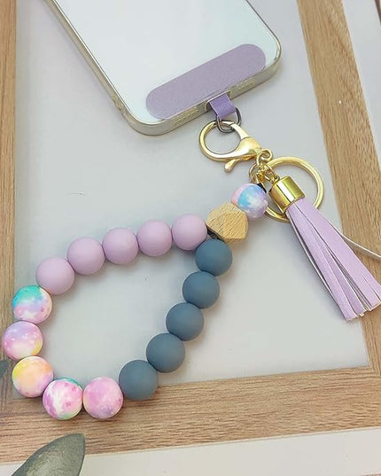 Phone Lanyard Silicone Beaded Phone Wrist Strap Cute Elastic Cell Phone Wristlet Chain Bracelet with 2 Tether Tab