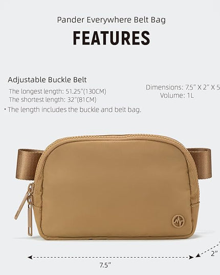 Pander Two Way Zipper Fanny Pack Nylon Everywhere Belt Bag for Women, Water Repellent Waist Packs, Crossbody Bags with Adjustable Strap (Caramel Brown).