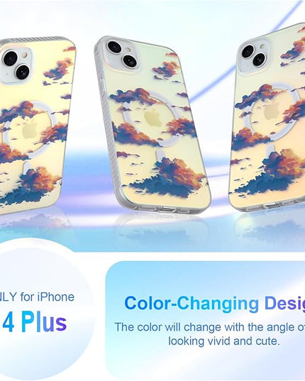 Cute Case for iPhone 14 Plus & iPhone 15 Plus Case for Women Girls [ Compatible with Magsafe ] Aesthetic Girly Glitter Sparkly Bling Protective Phone Cover, Iridescent Sun Set Clouds of Sky