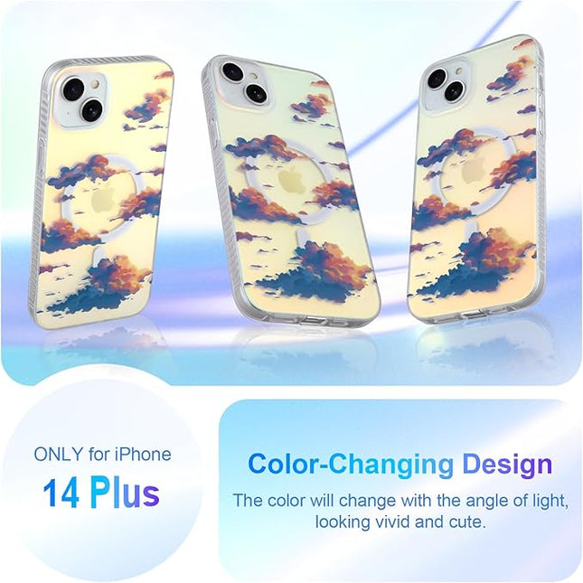 Cute Case for iPhone 14 Plus & iPhone 15 Plus Case for Women Girls [ Compatible with Magsafe ] Aesthetic Girly Glitter Sparkly Bling Protective Phone Cover, Iridescent Sun Set Clouds of Sky