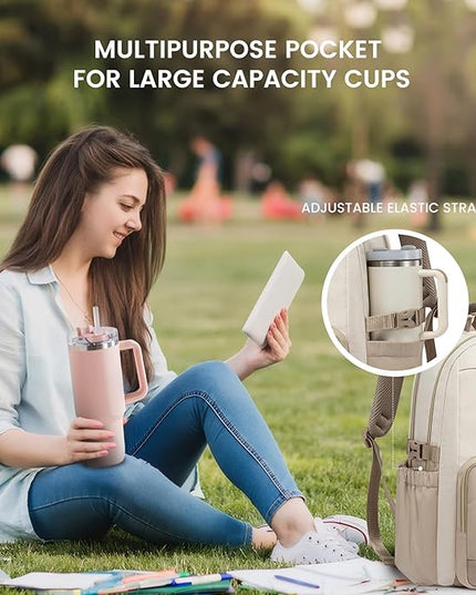 LOVEVOOK Laptop Backpack for Women with Pouch Pocket for Large Capacity Cup,17 Inch Laptop Computer Bag Travel Backpack Purse,Waterproof Work Business Backpack College Teacher Bags,Beige-Khaki