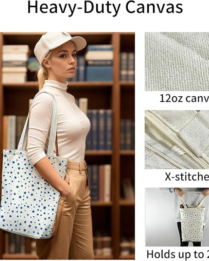 Tote Bag for Women, Reusable Zippered Canvas Bag with Handles Pocket Thick Canvas, for Grocery Shopping Beach Gift