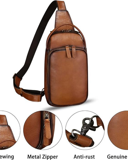 Genuine Leather Sling Bag Retro Crossbody Backpack Handmade Chest Shoulder Hiking Daypack Fanny Purse
